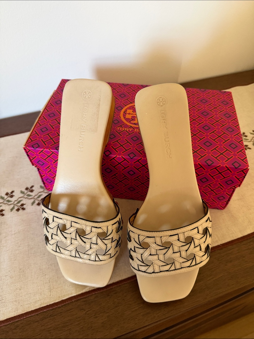 Tory Burch Beige Woven Slide Mules